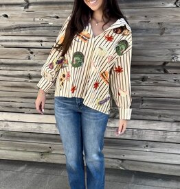 Queen of Sparkles BEIGE STRIPED THANKSGIVING ICON BUTTON UP COTTON TOP