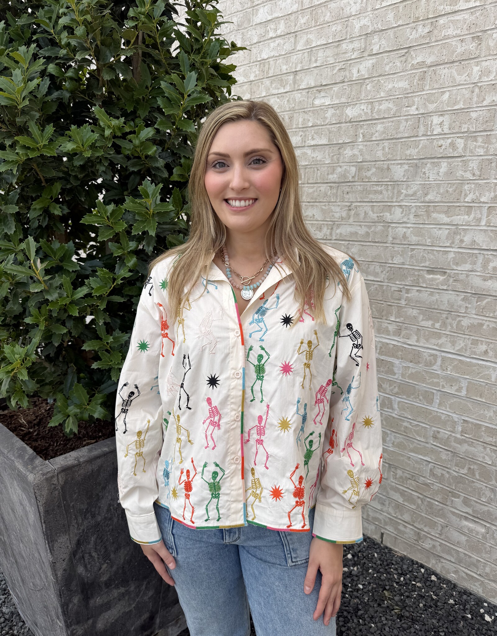 Queen of Sparkles BEIGE MULTI SKELETON BUTTON UP COTTON TOP