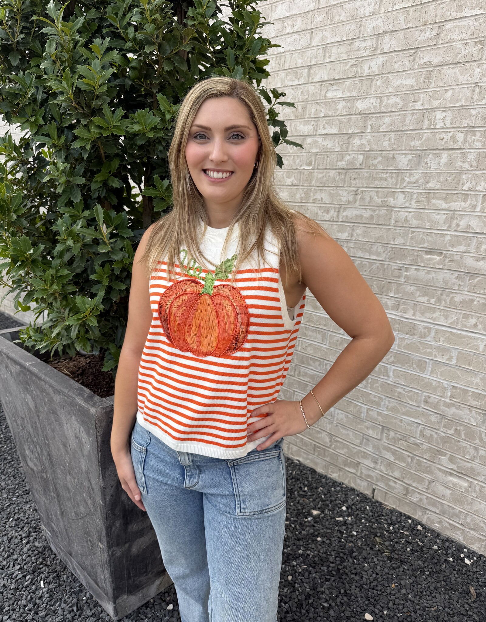 Queen of Sparkles QOS Ivory & Orange Striped Pumpkin Tank