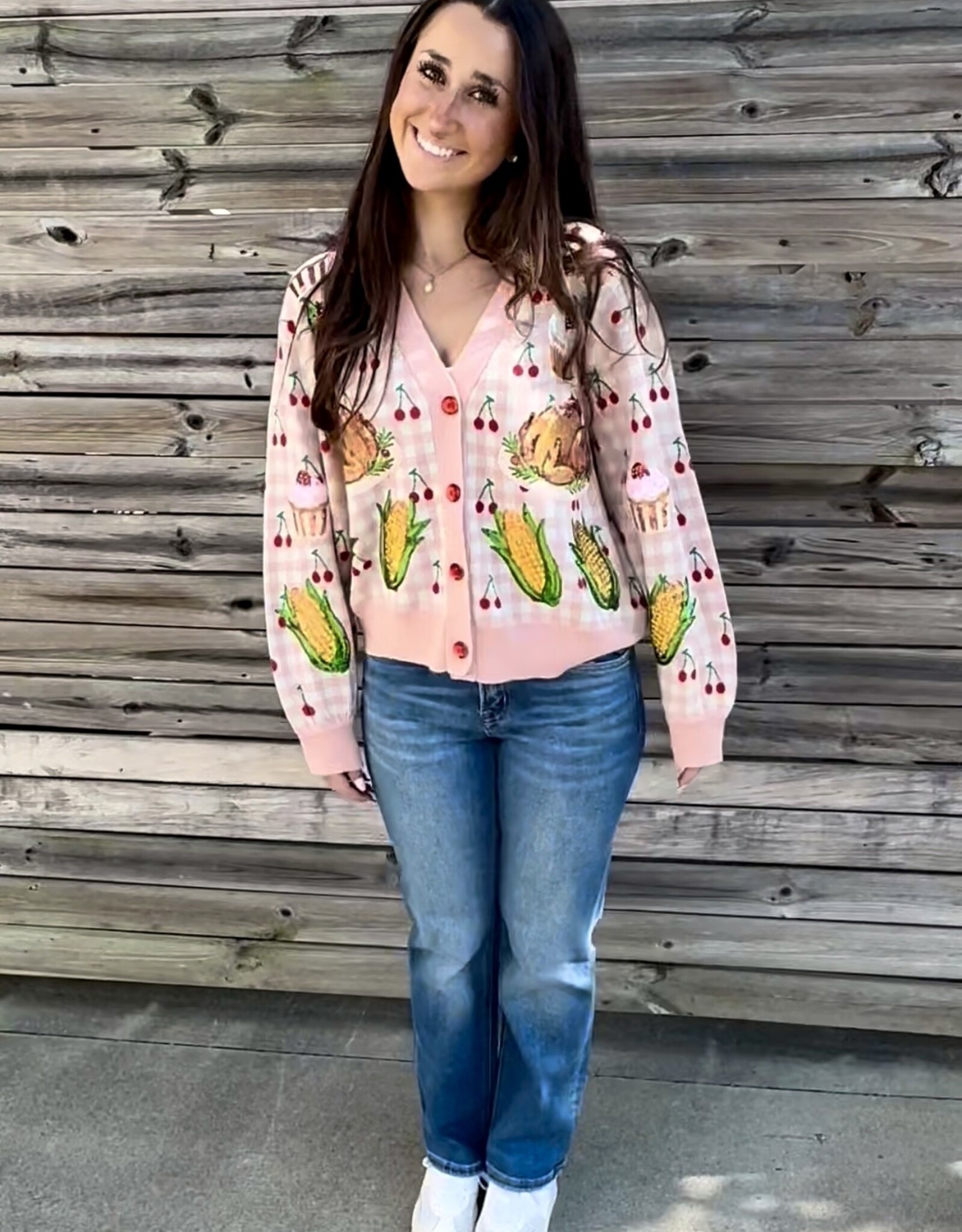 Queen of Sparkles QOS Light Pink Checkered Thanksgiving Dinner & Cherry Cardigan