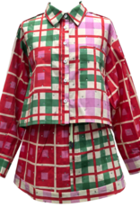 Queen of Sparkles QOS Red, Green, Ivory & Pink Plaid Button Up