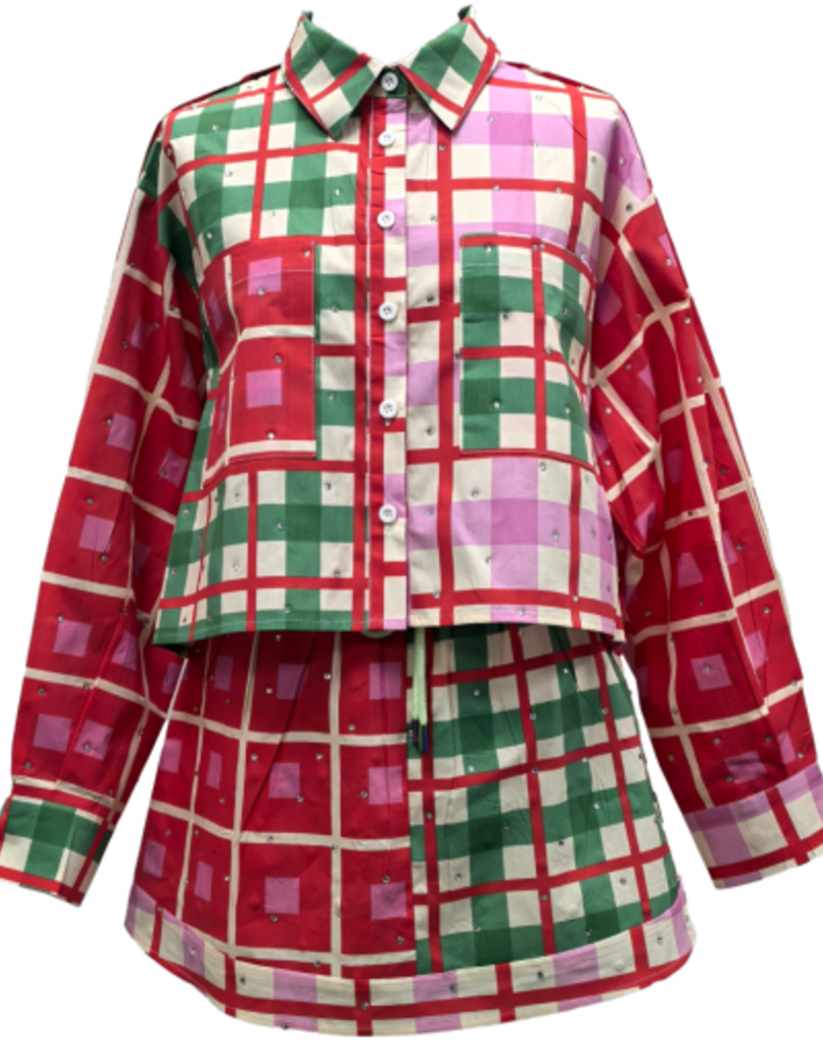Queen of Sparkles QOS Red, Green, Ivory & Pink Plaid Button Up
