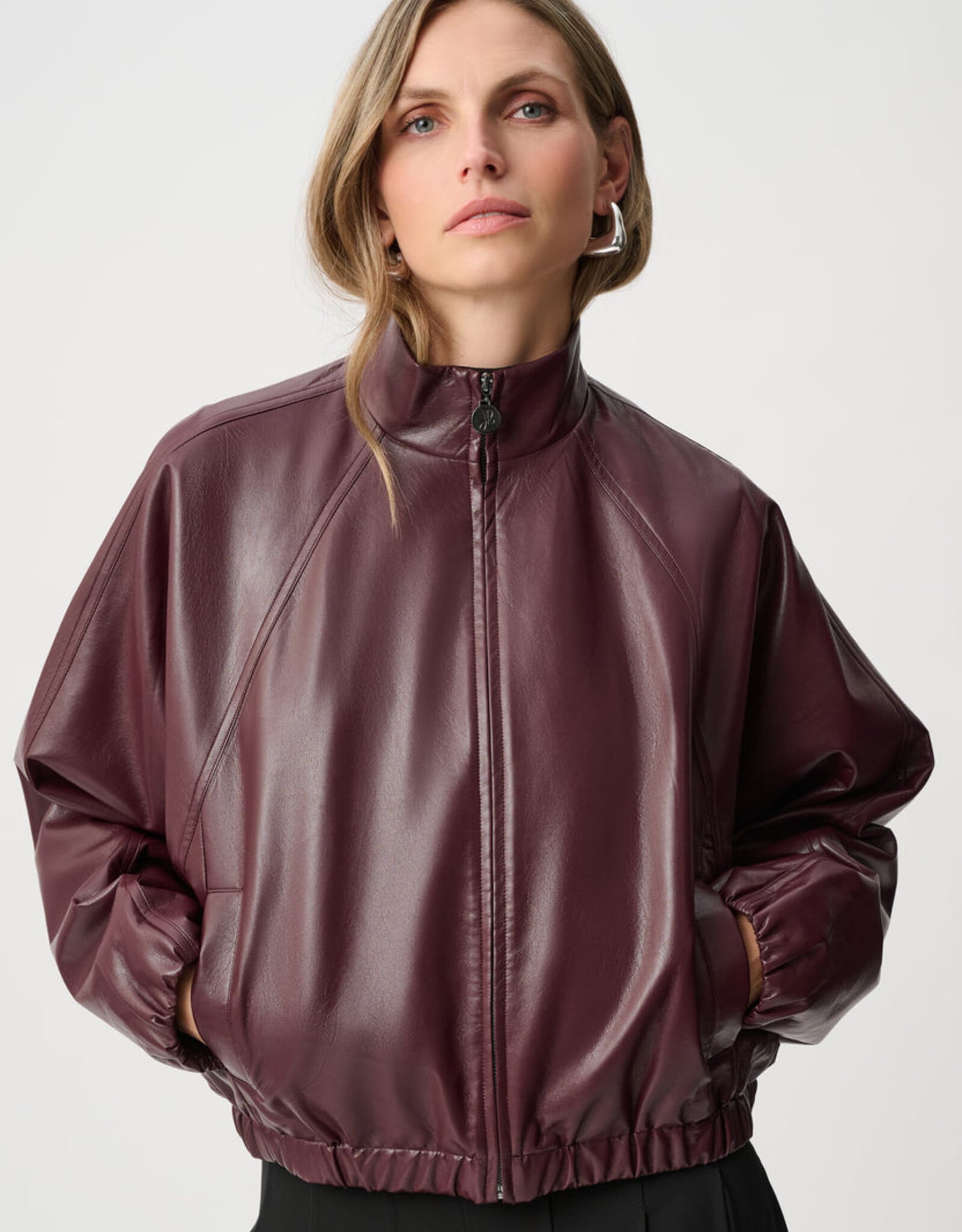 Joseph Ribkoff Joseph Ribkoff Leatherette Mock Neck Bomber Jacket Burgundy