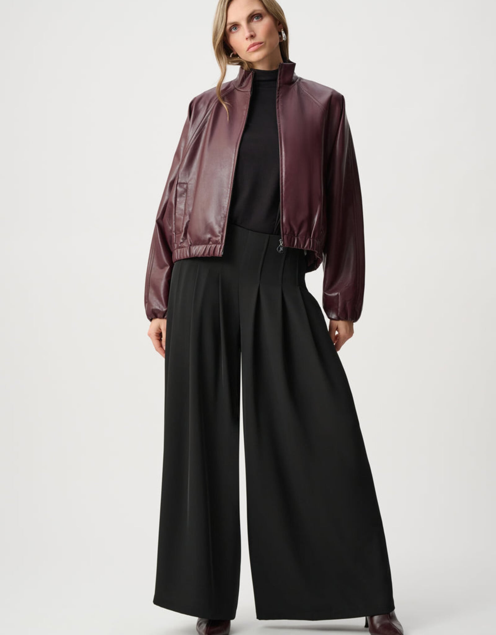Joseph Ribkoff Joseph Ribkoff Leatherette Mock Neck Bomber Jacket Burgundy