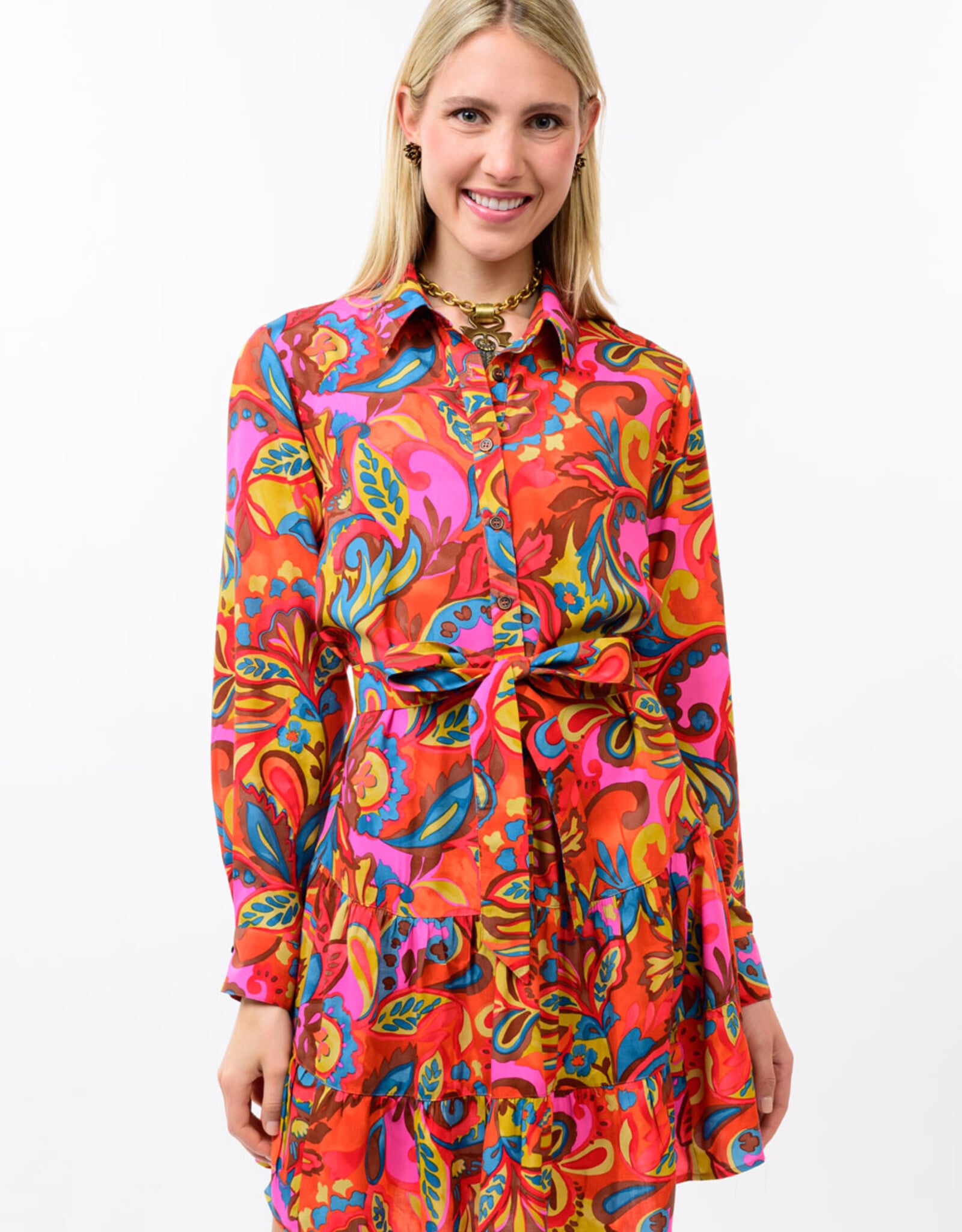 Uncle Frank Uncle Frank Orange & Pink Belted Shirt Dress
