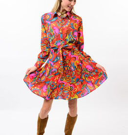 Uncle Frank Uncle Frank Orange & Pink Belted Shirt Dress