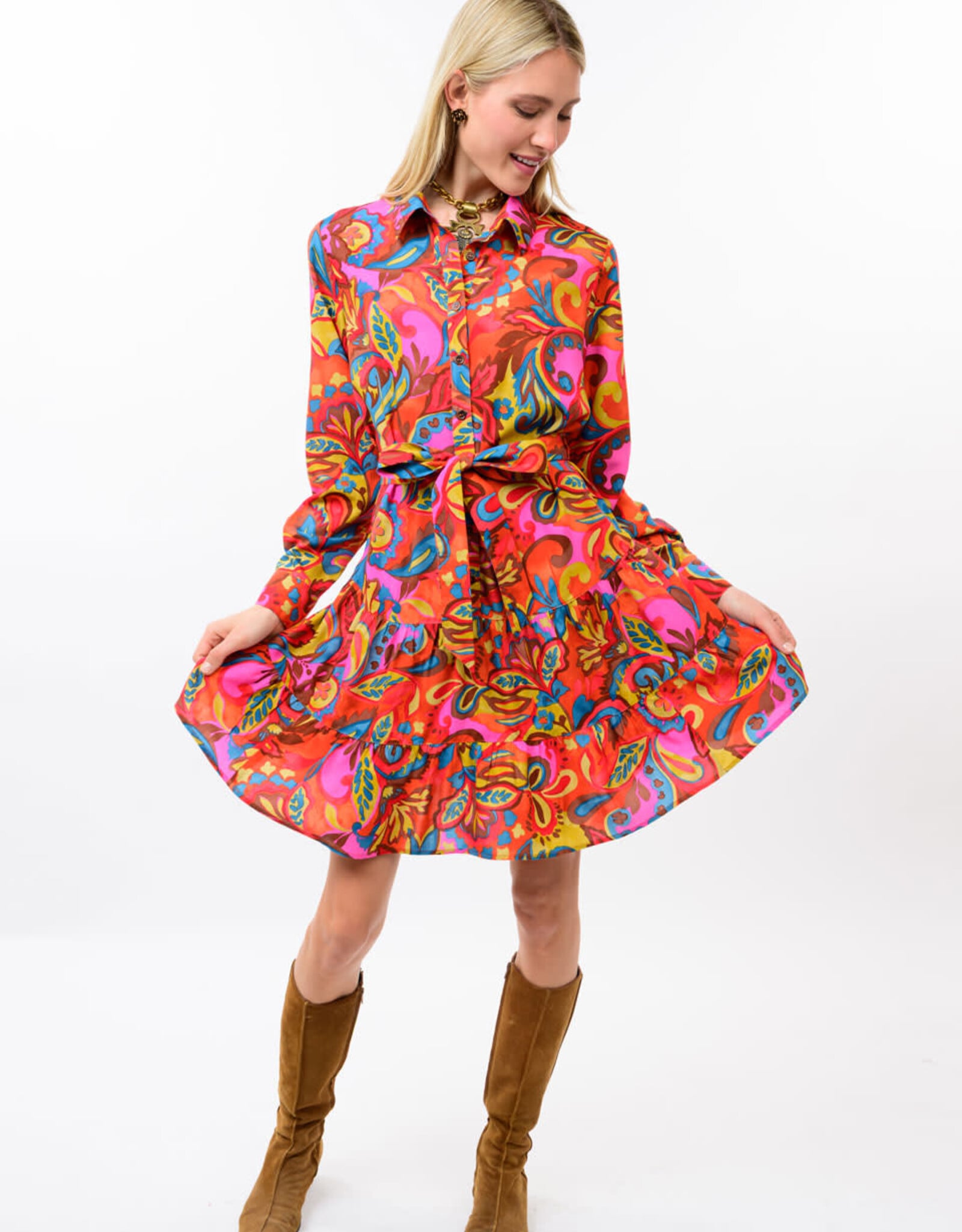 Uncle Frank Uncle Frank Orange & Pink Belted Shirt Dress