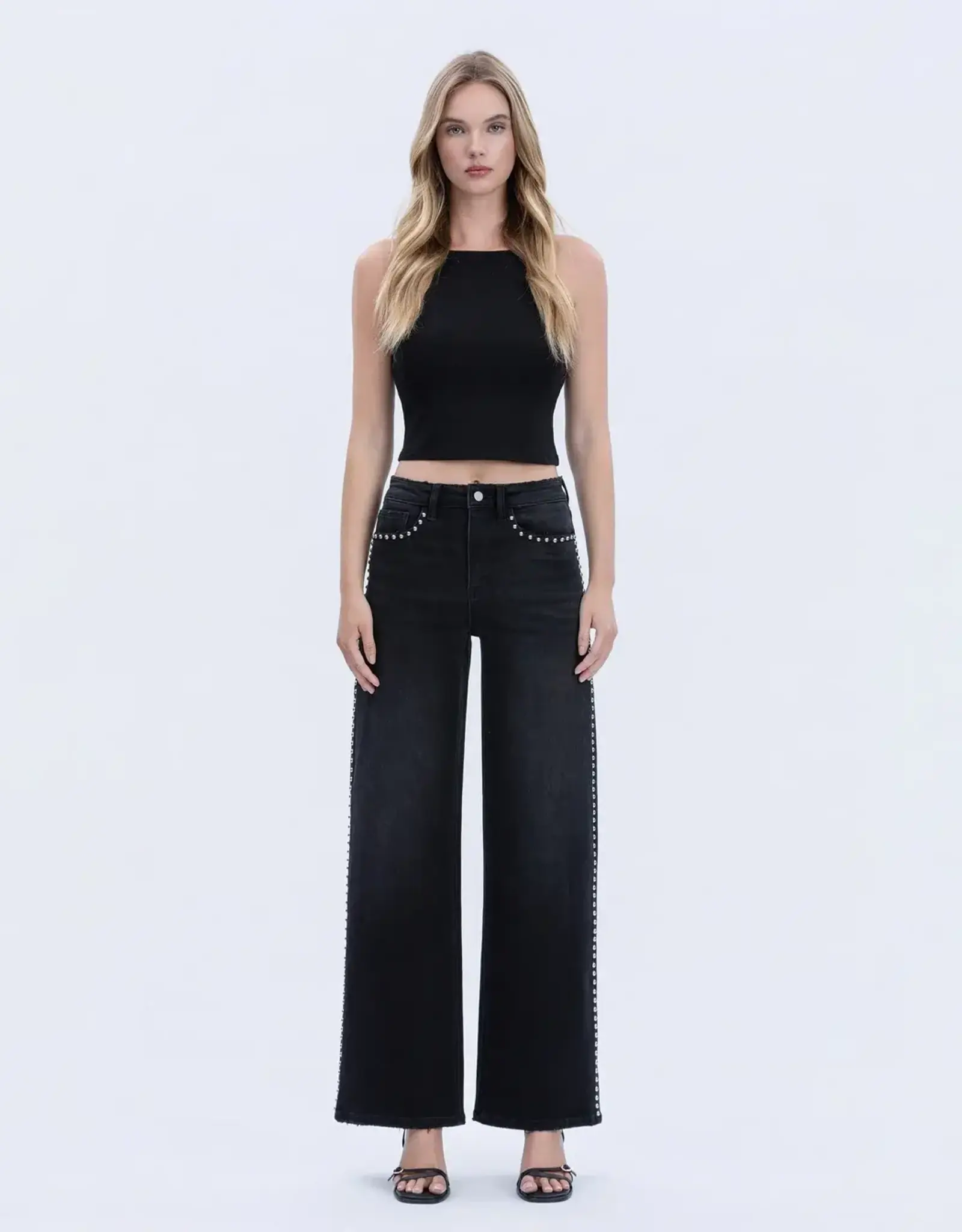 Vervet Vervet High Rise Silver Dome Nail Head Detail Black Wide Leg Jeans