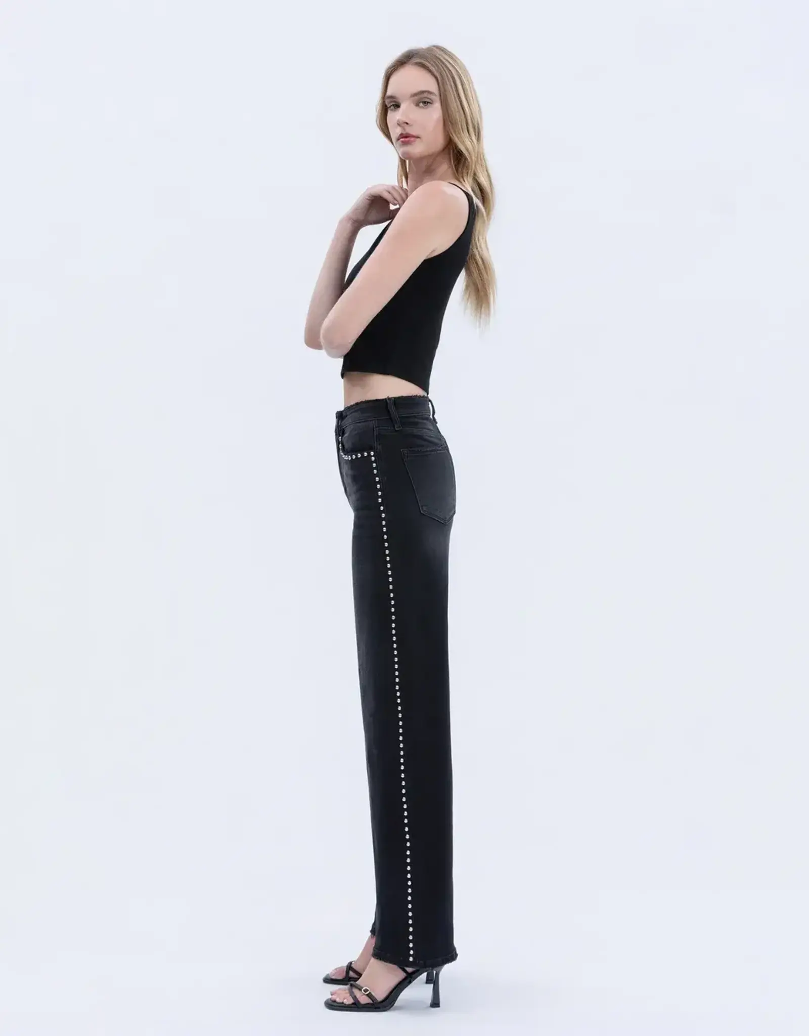 Vervet Vervet High Rise Silver Dome Nail Head Detail Black Wide Leg Jeans