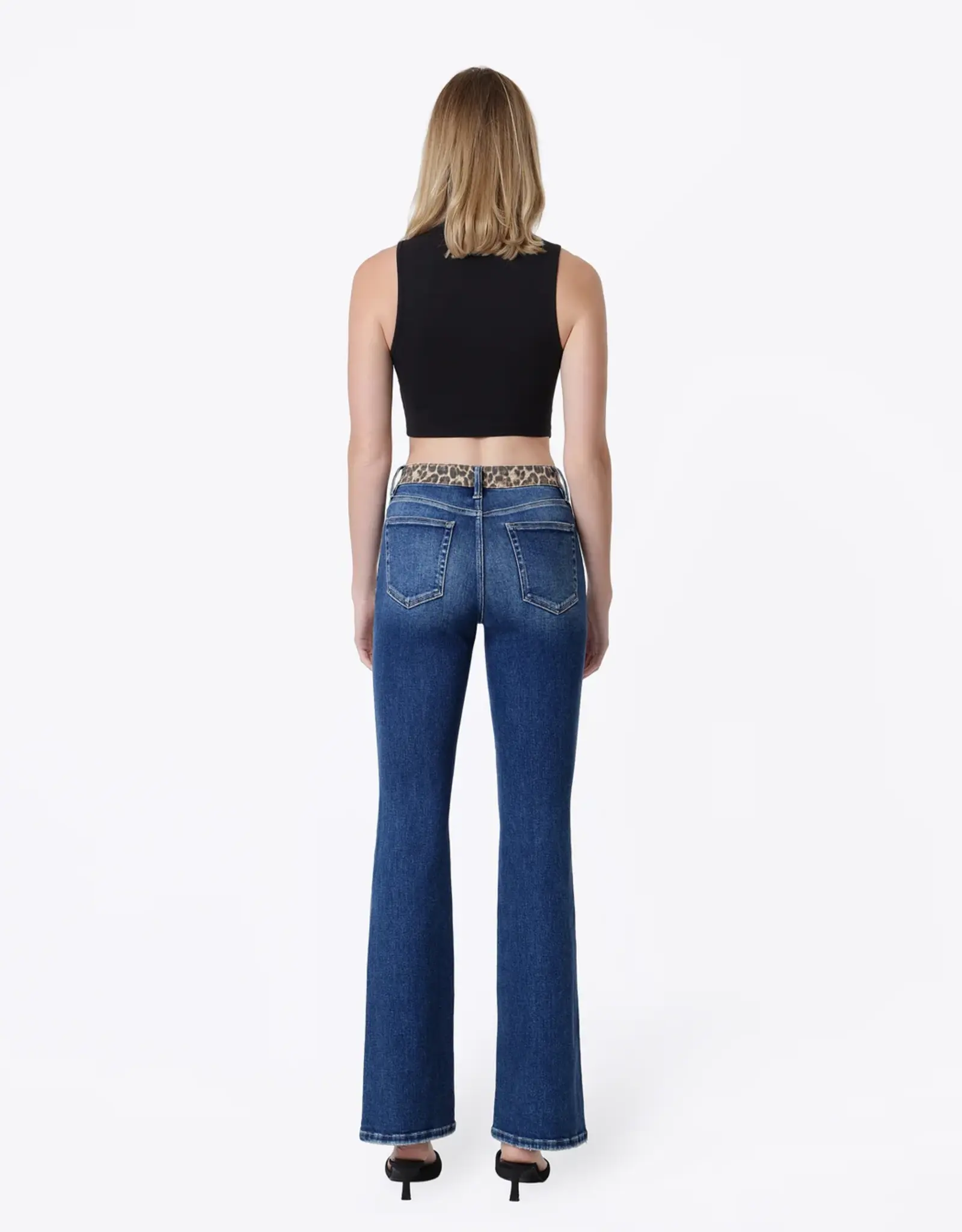 Vervet Vervet High Rise Leopard Print Waistband Bootcut Jeans