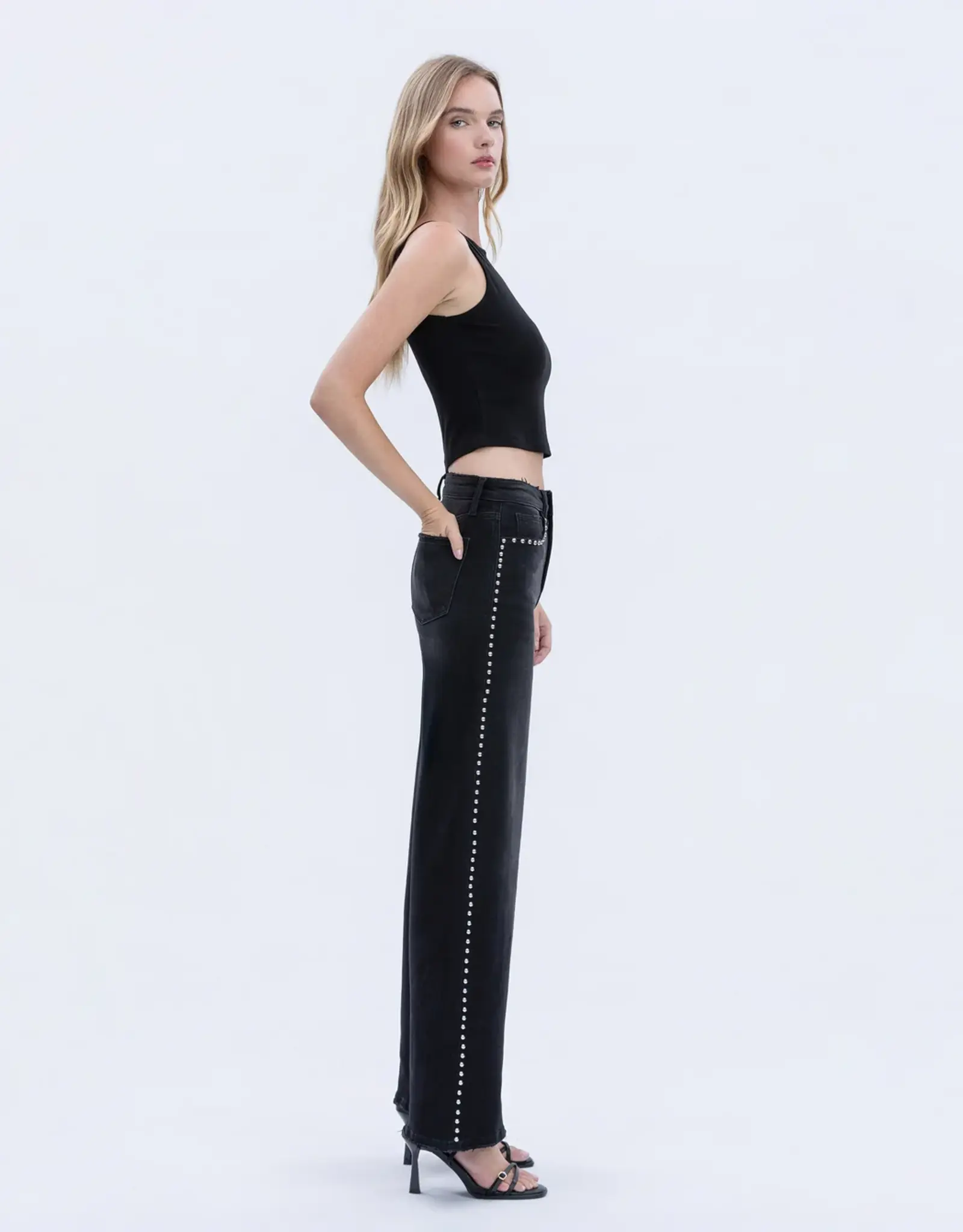 Vervet Vervet High Rise Silver Dome Nail Head Detail Black Wide Leg Jeans
