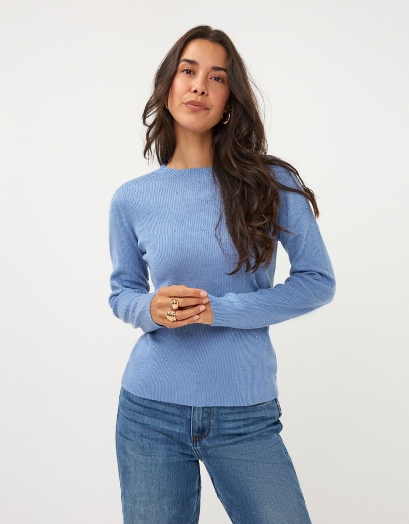 Esqualo Esqualo Rhinestone Studded Rib Long Sleeve Sweater Blue
