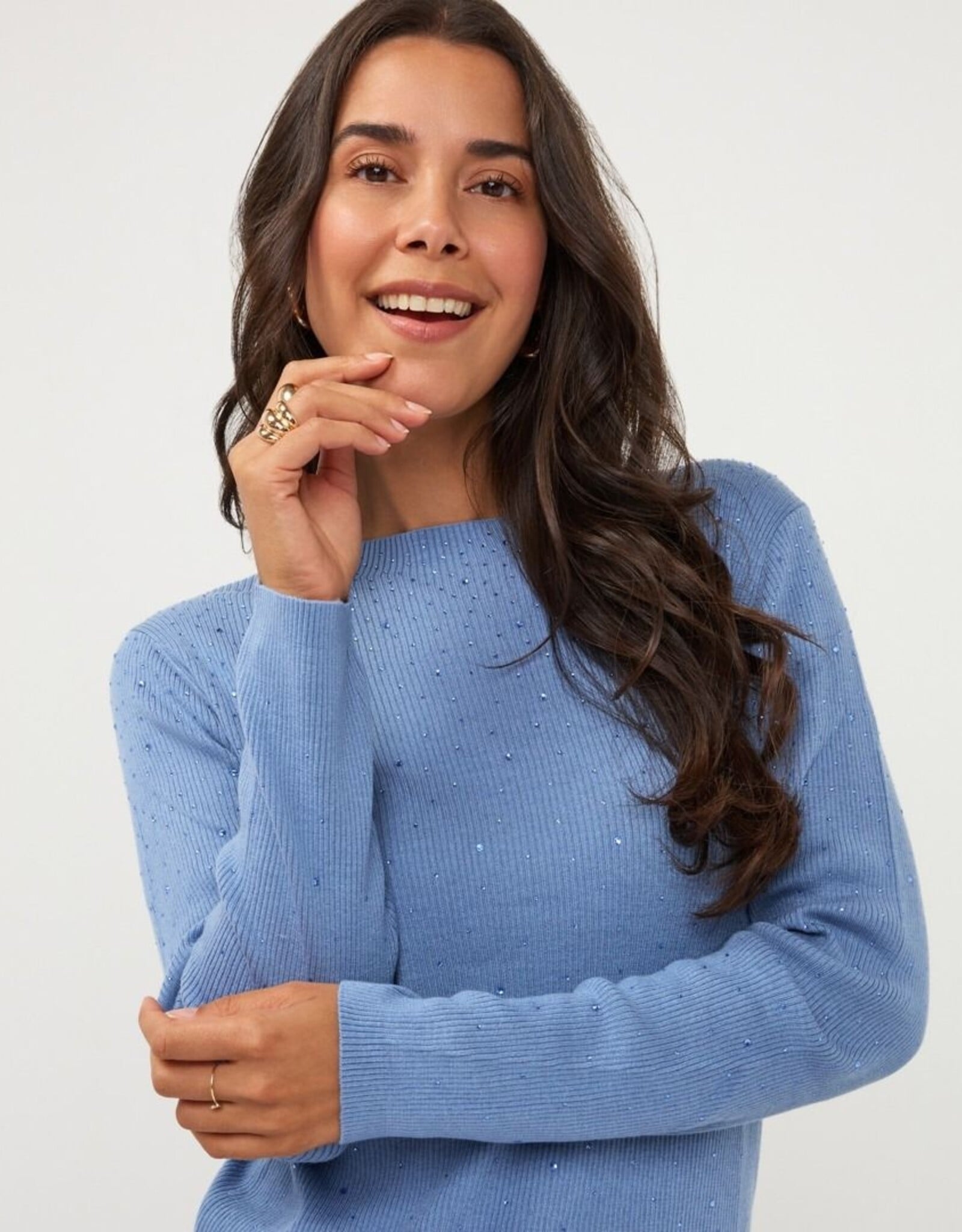 Esqualo Esqualo Rhinestone Studded Rib Long Sleeve Sweater Blue
