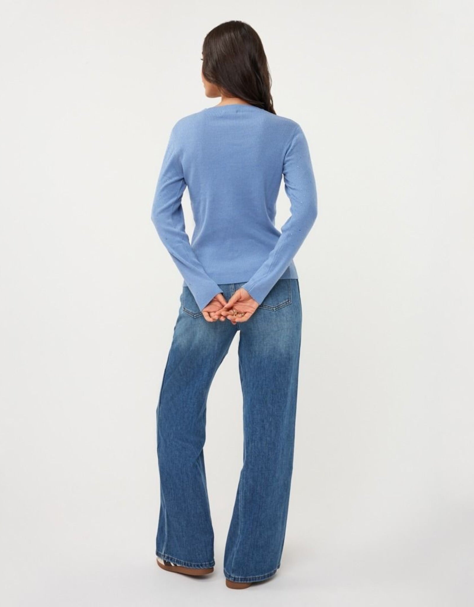 Esqualo Esqualo Rhinestone Studded Rib Long Sleeve Sweater Blue