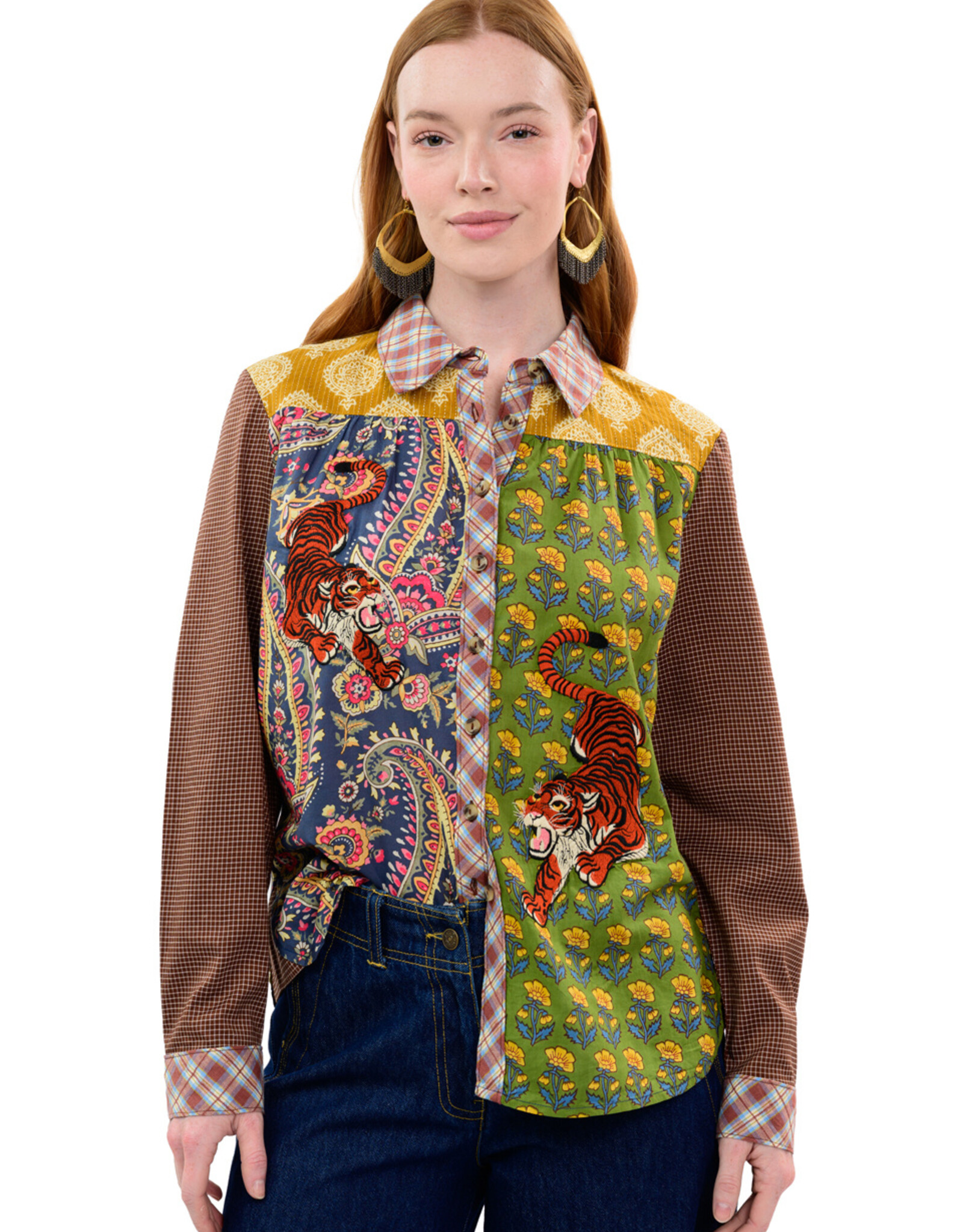 Ivy Jane Ivy Jane Tiger Embroidered Patchwork Shirt