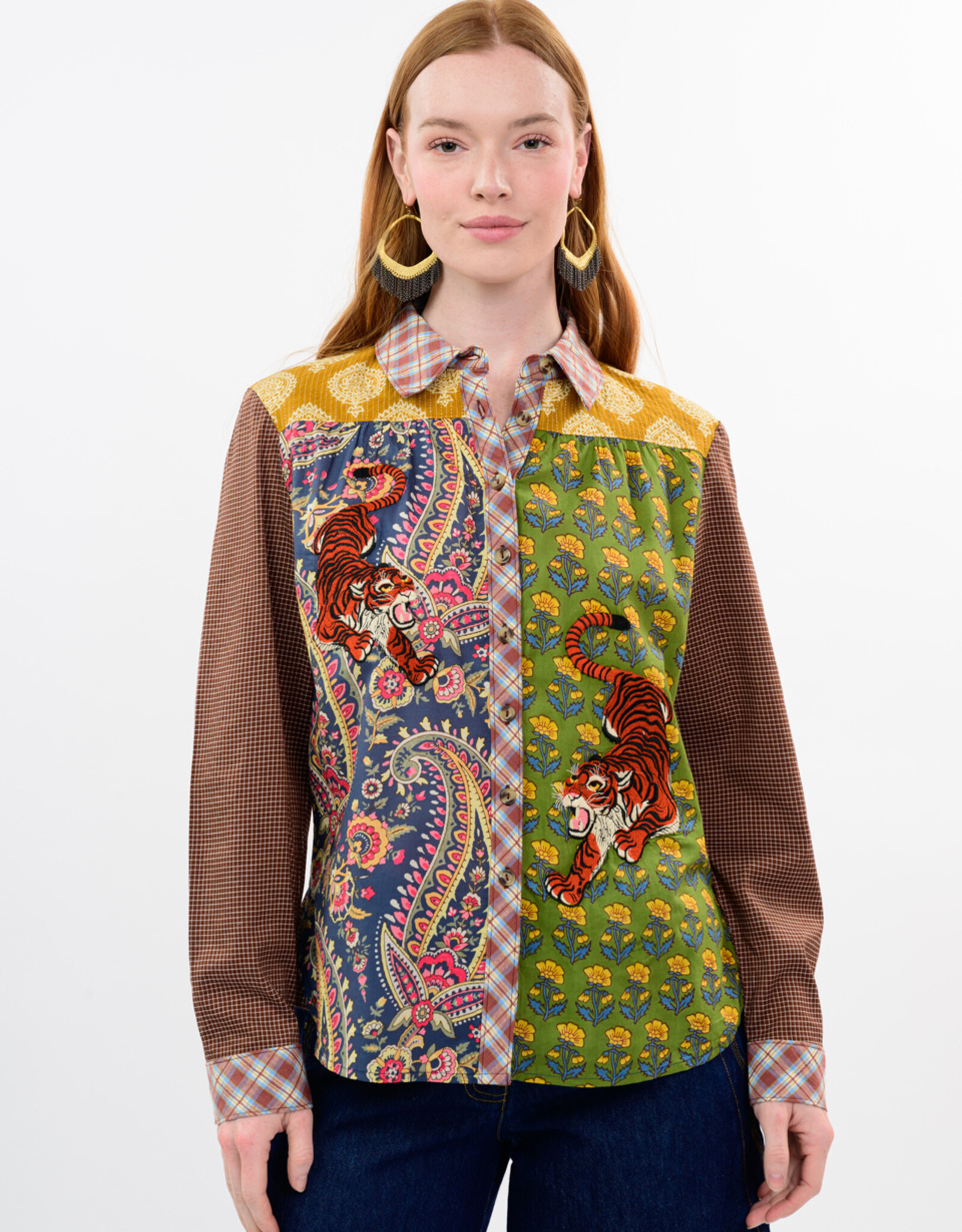 Ivy Jane Ivy Jane Tiger Embroidered Patchwork Shirt