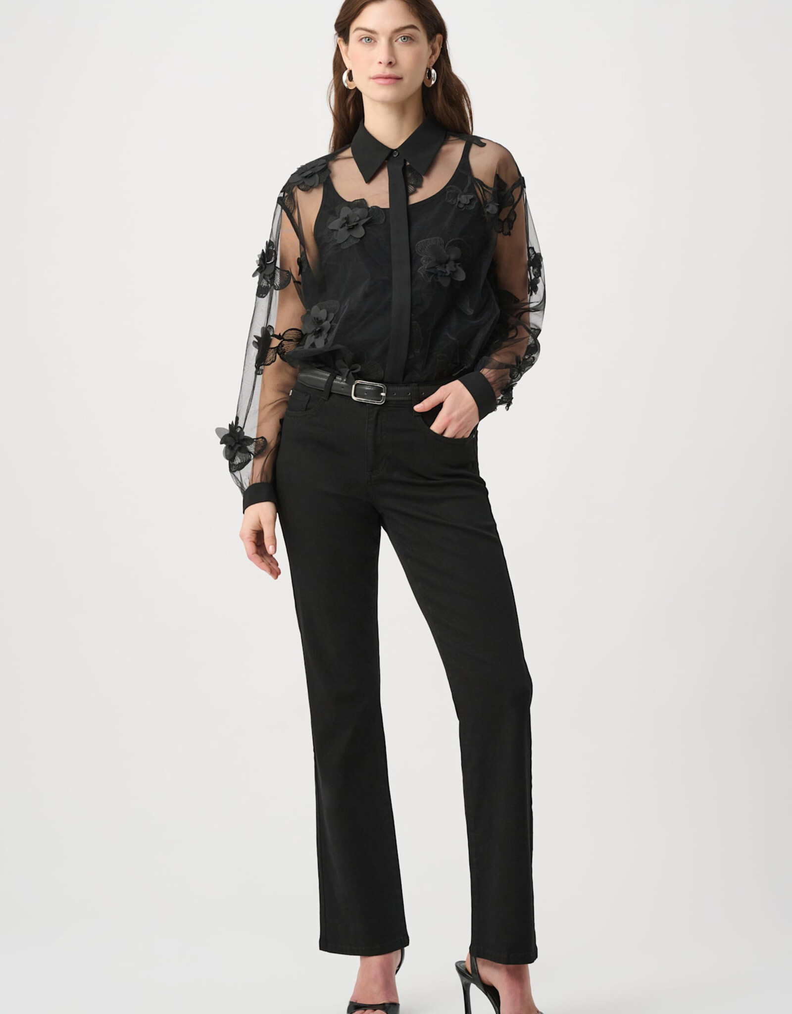 Joseph Ribkoff Joseph Ribkoff Sheer Textured Flower Applique Blouse Blk