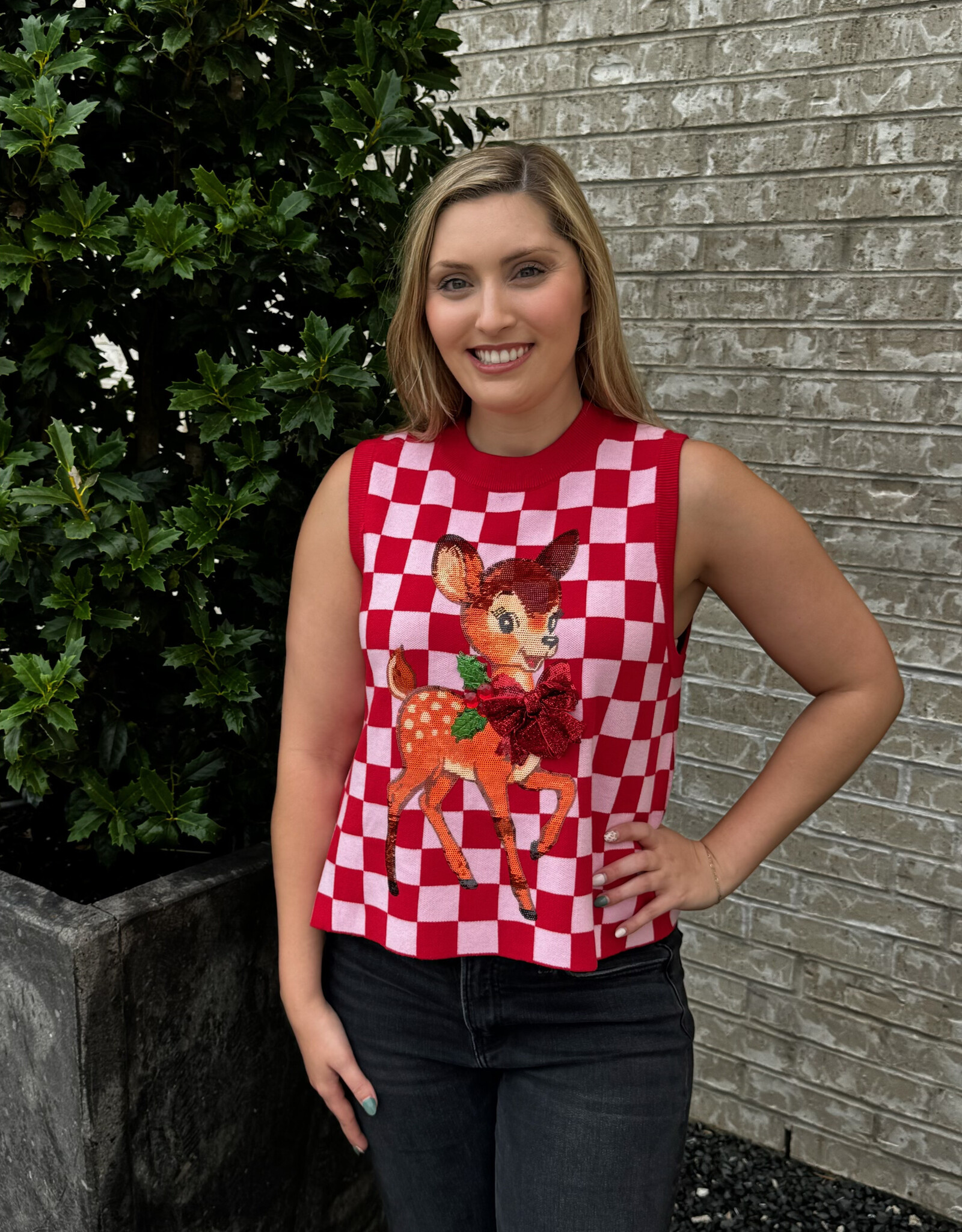 Queen of Sparkles Queen of Sparkles Red/Pink Checkered Reindeer Vest