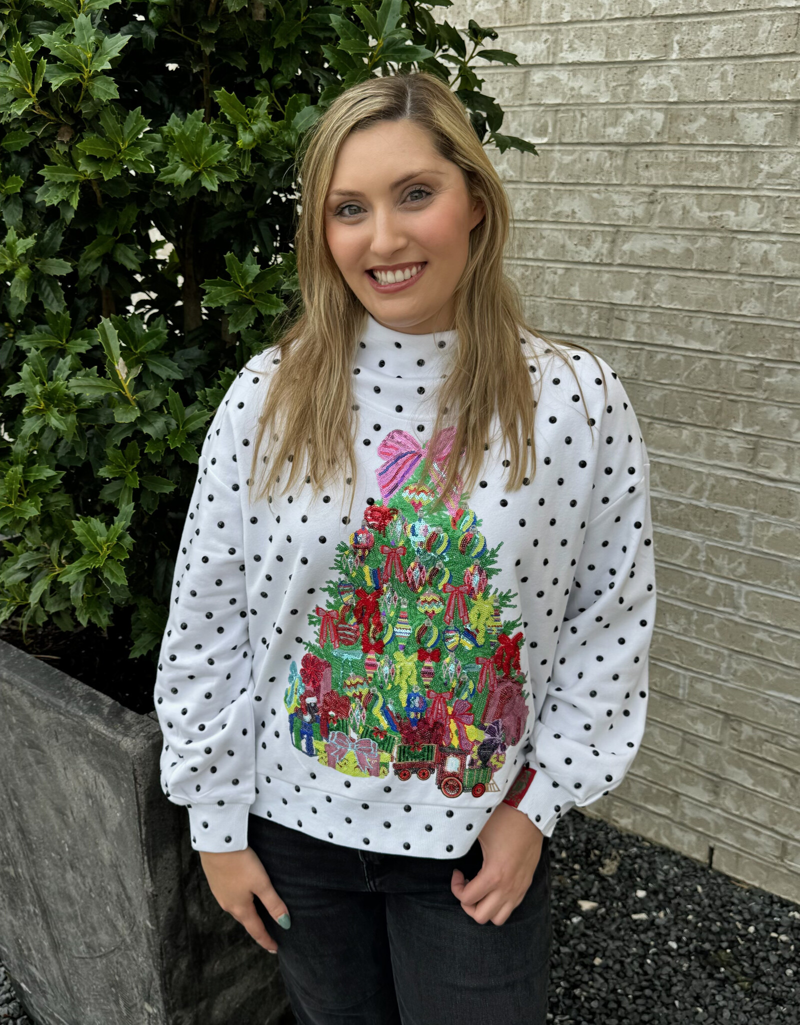 Queen of Sparkles QOS Wht & Blk Polka Dot Christmas Tree Mockneck