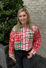 Queen of Sparkles QOS Red, Green, Ivory & Pink Plaid Button Up