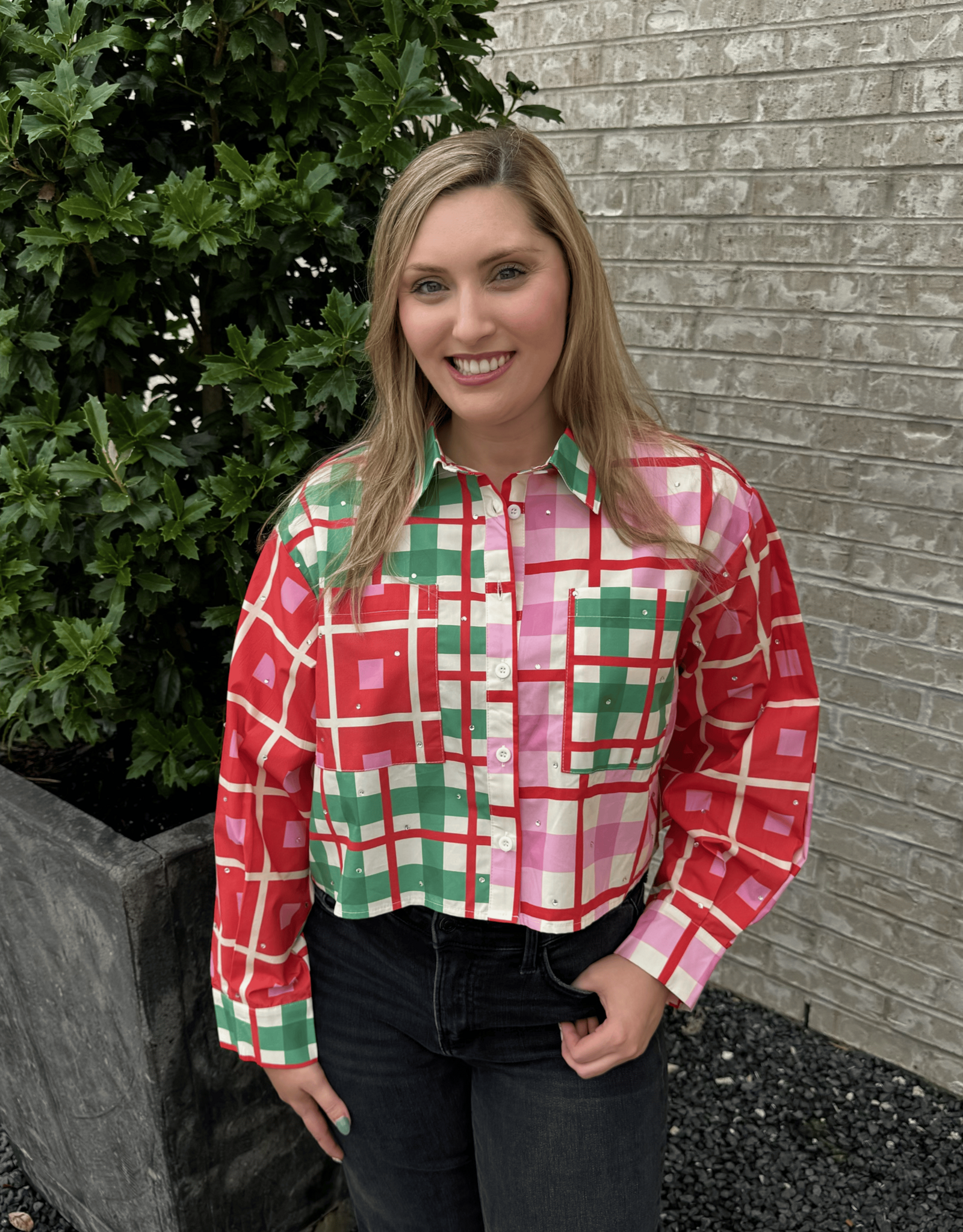 Queen of Sparkles QOS Red, Green, Ivory & Pink Plaid Button Up