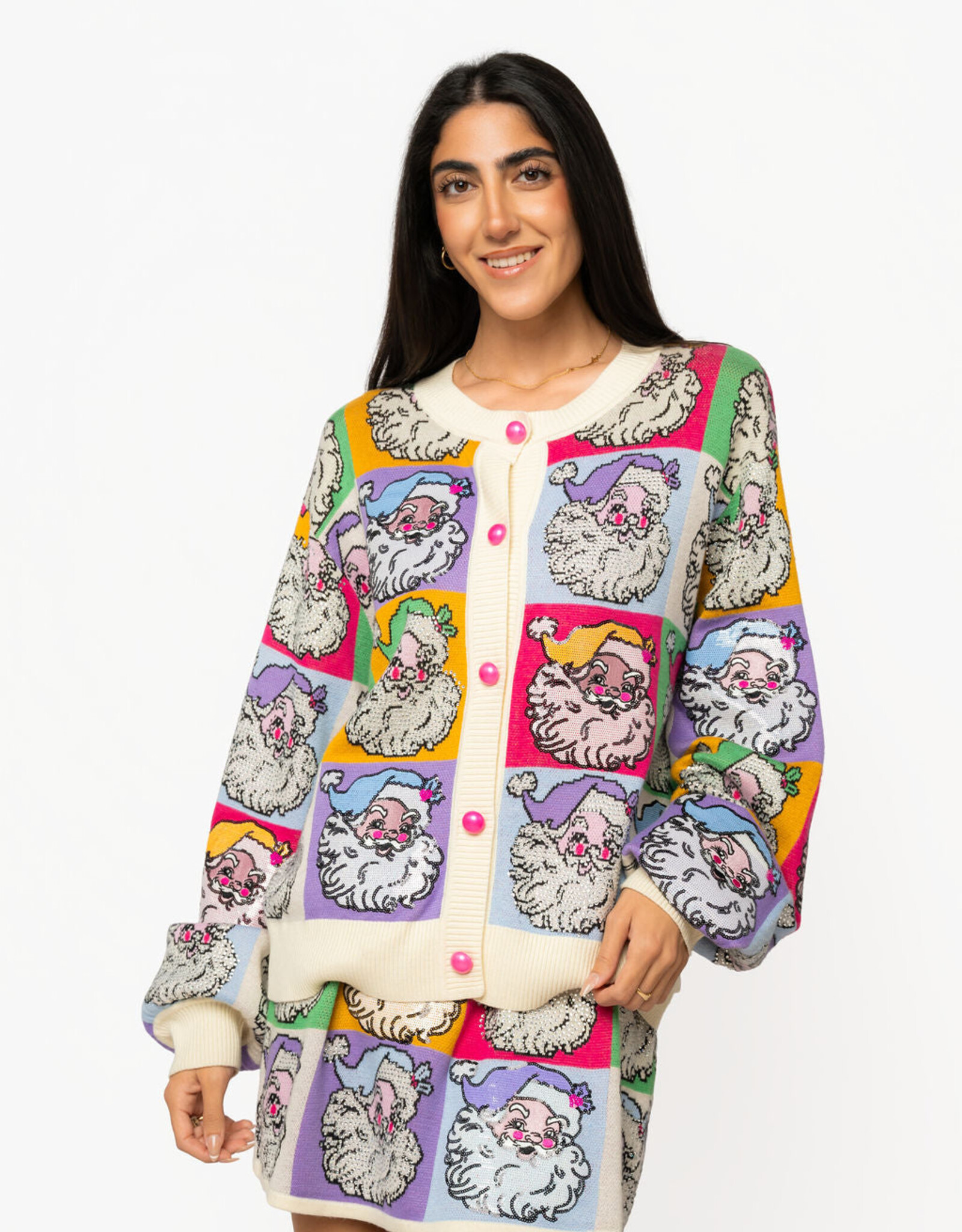 Queen of Sparkles QOS Pastel Colorblock Santa Button Up Cardigan
