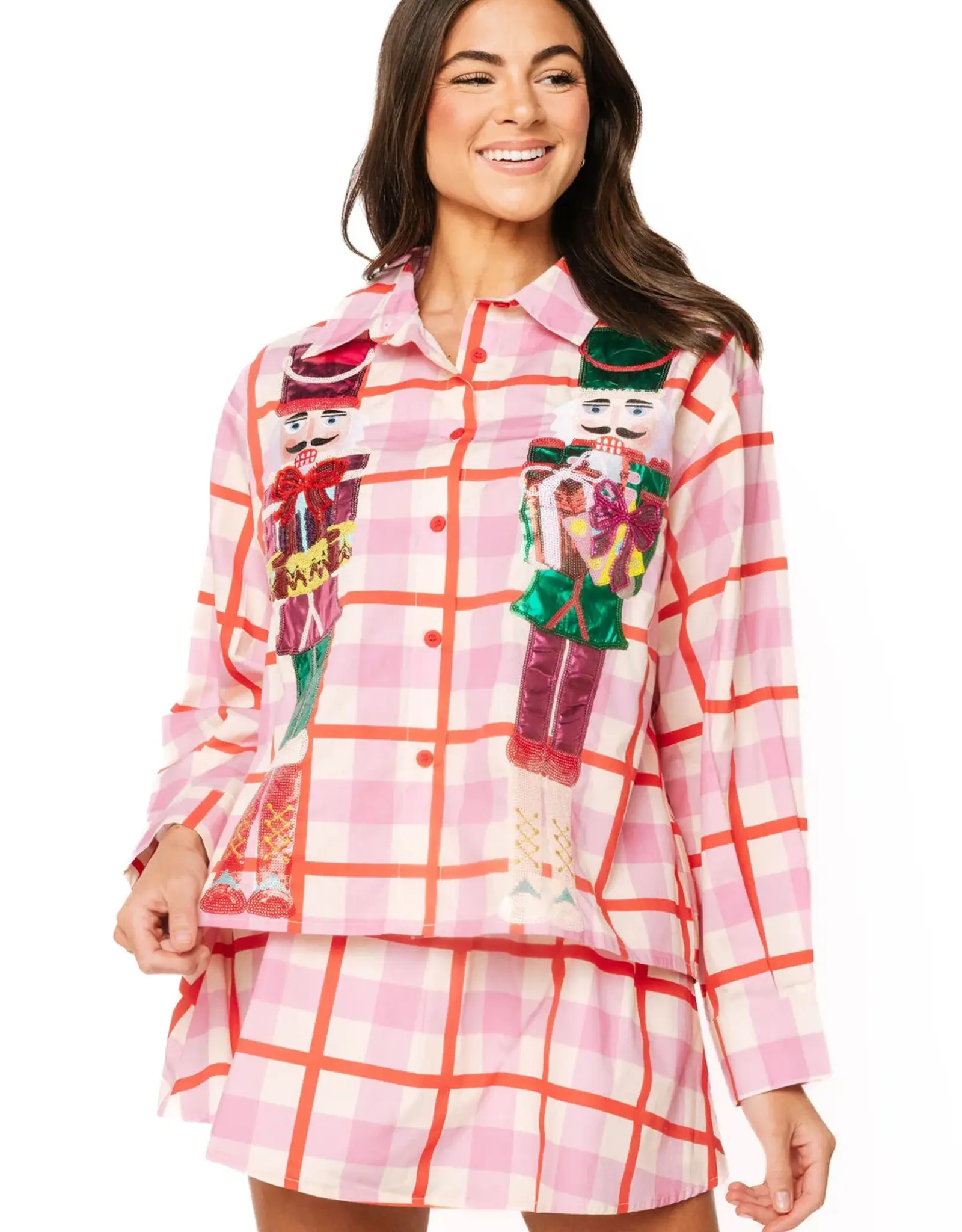 Queen of Sparkles QOS Pink & Red Plaid Nutcracker Button Up