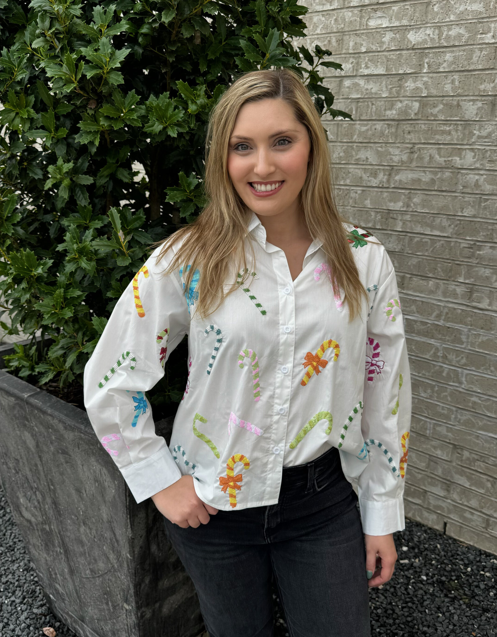 Queen of Sparkles Queen of Sparkles White Multi Candy Cane Button Up