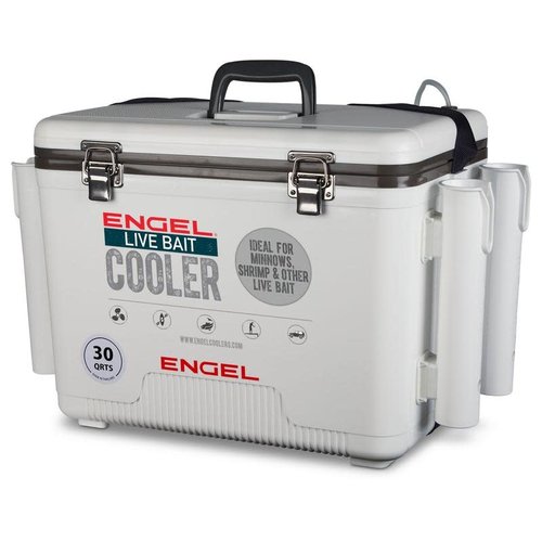 Engel 30qt Live Bait Drybox/Cooler with 2 speed aerator pump and 4 rod holders. Engel 30qt Live Bait Drybox/Cooler with 2 speed aerator pump and 4 rod holders.