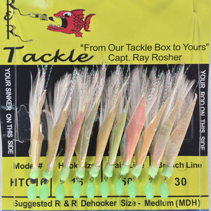 R & R Tackle HTC16 BAIT RIG - 10 (SIZE 16) HOOKS WITH WHITE FEATHER & FISH SKIN
