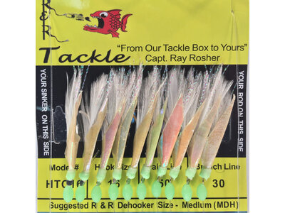 R & R Tackle HTC16 BAIT RIG - 10 (SIZE 16) HOOKS WITH WHITE FEATHER & FISH SKIN