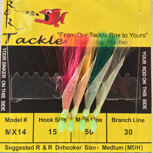 R & R Tackle MX14 BAIT RIG - 4 (SIZE 15) HOOKS WITH MULTI-COLOR NYLON & FISH SKIN