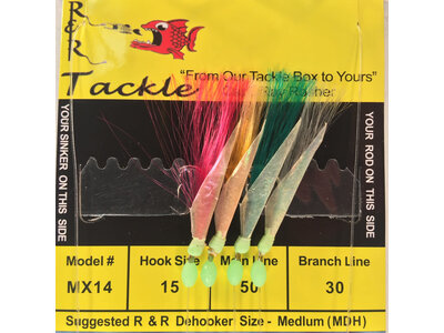 R & R Tackle MX14 BAIT RIG - 4 (SIZE 15) HOOKS WITH MULTI-COLOR NYLON & FISH SKIN R & R Tackle MX14 BAIT RIG - 4 (SIZE 15) HOOKS WITH MULTI-COLOR NYLON & FISH SKIN