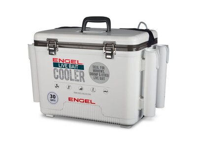 Engel 30q Live Bait Drybox/Cooler with 2 speed aerator pump and 4 rod holders.