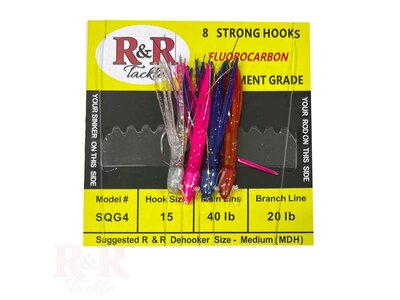 R & R Tackle SQG4 Bait Rig - 4 (size 15) hooks with weighted multi-color squids R & R Tackle SQG4 Bait Rig - 4 (size 15) hooks with weighted multi-color squids