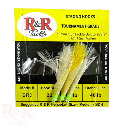 R & R Tackle BR3 Bait Rig - 3(size 22) hooks with white feather & fish skin
