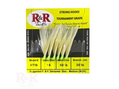 R & R Tackle HT16 Bait Rig - 6 (size 16) hooks with white feather & fish skin