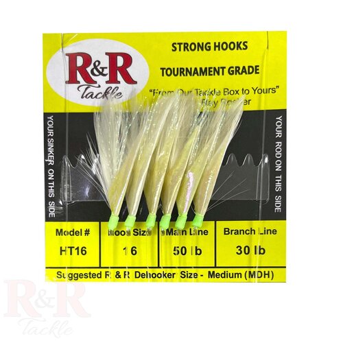 R & R Tackle HT16 Bait Rig - 6 (size 16) hooks with white feather & fish skin