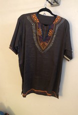 Brown linen top with African print cloth inbrodered short sleeve