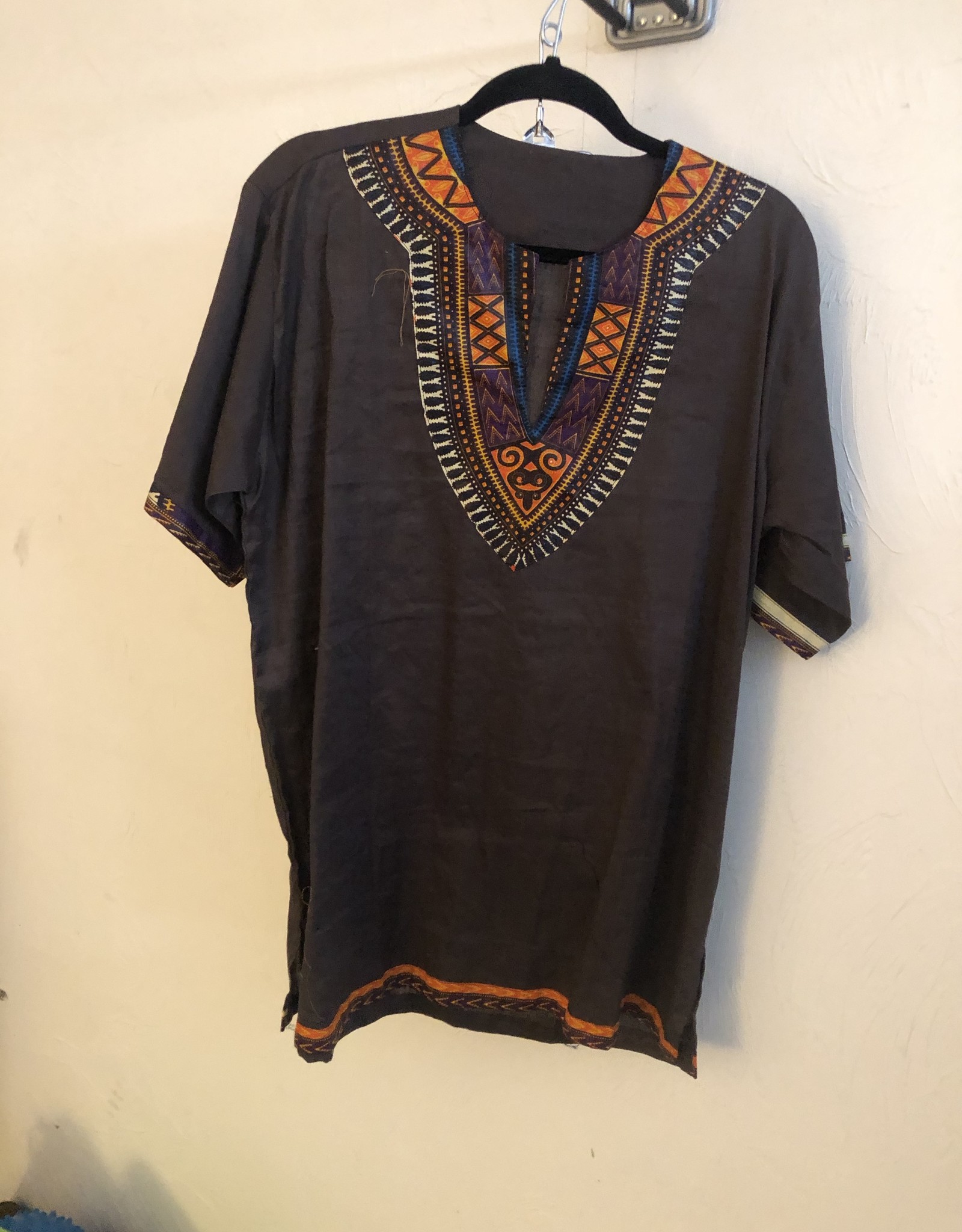 Brown linen top with African print cloth inbrodered short sleeve