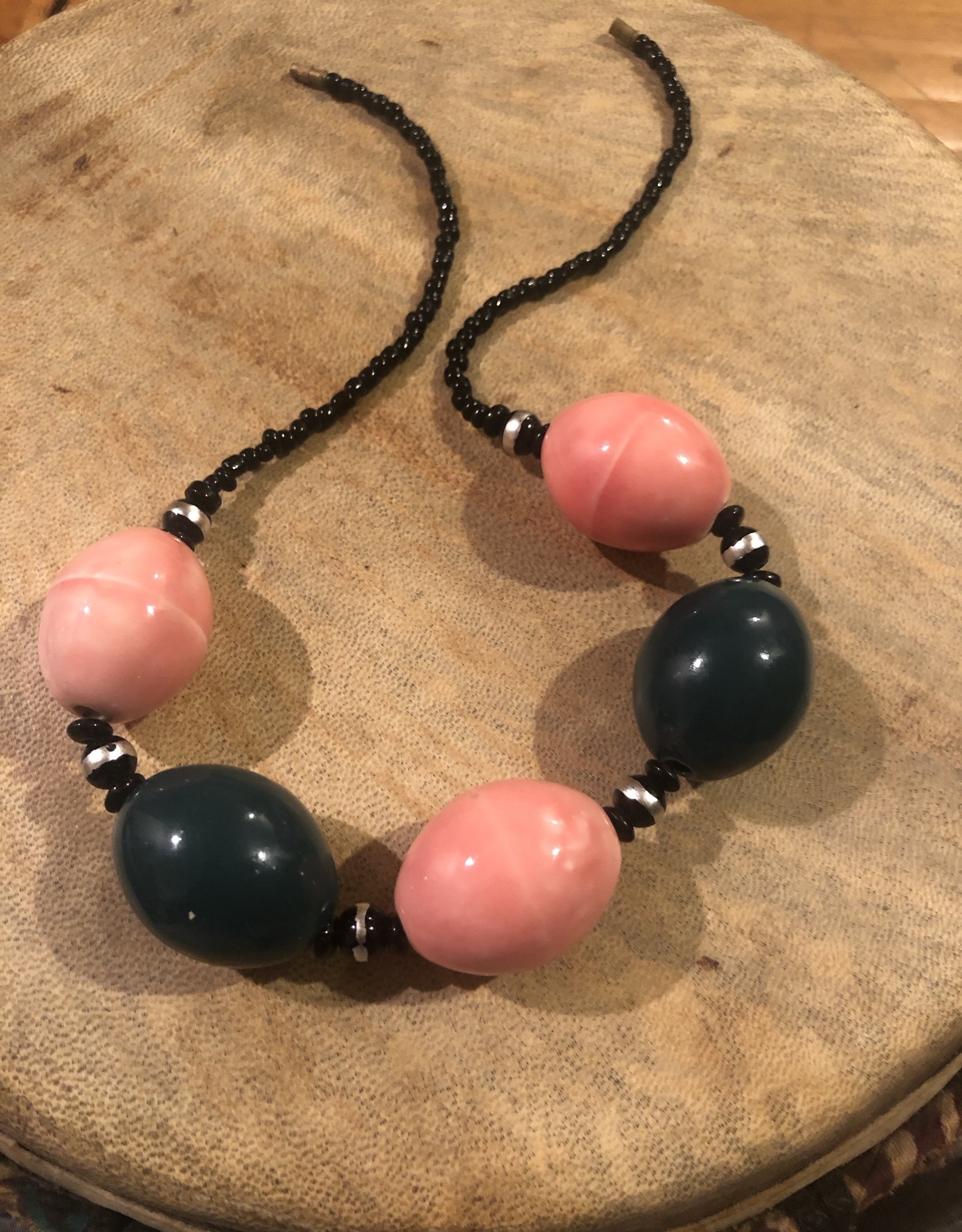 Pink and Dark green necklace, glass balls