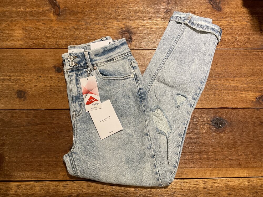 KanCan Distressed Real Look Skinny Jean with Double Button- Light Wash- High Rise