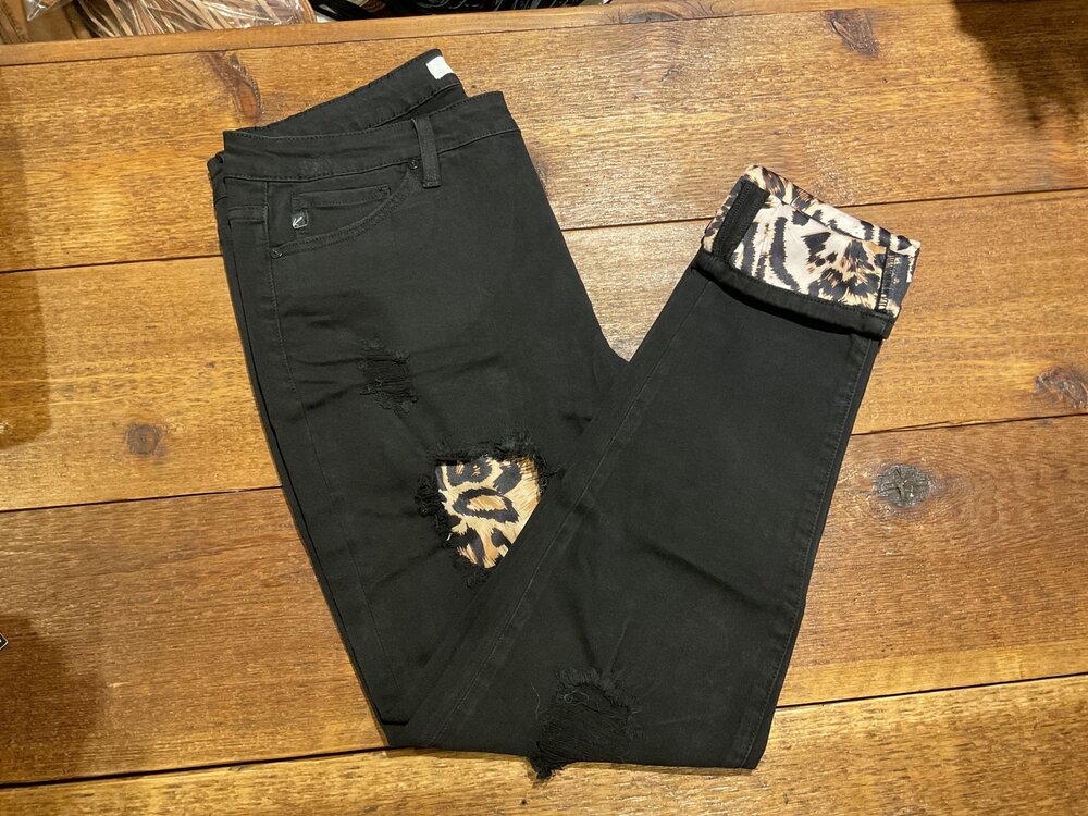 KanCan Black Distressed Skinny Jeans with Leopard Accent- Super High Rise- P