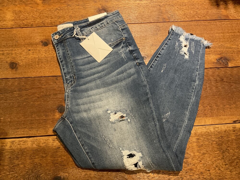 KanCan Distressed Skinny Jean with Cheetah Accents- Med. Wash Ultra High Rise- P