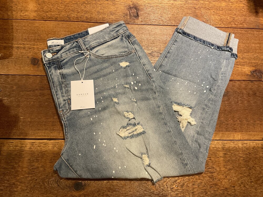 KanCan Distressed Mom Jean with Paint Splatter and Folded Cuff- Light Wash- P