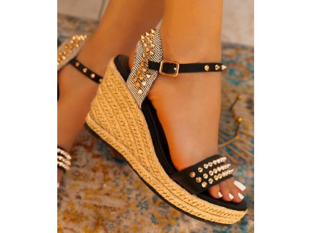 NatureBreeze- Black Strap Studded Wedge