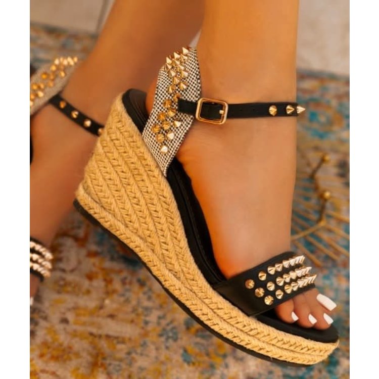 NatureBreeze- Black Strap Studded Wedge