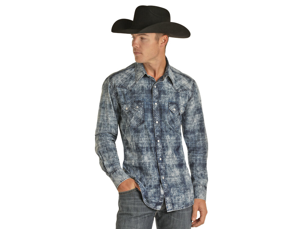 Rock and Roll Denim Denim Plaid Print Long Sleeve