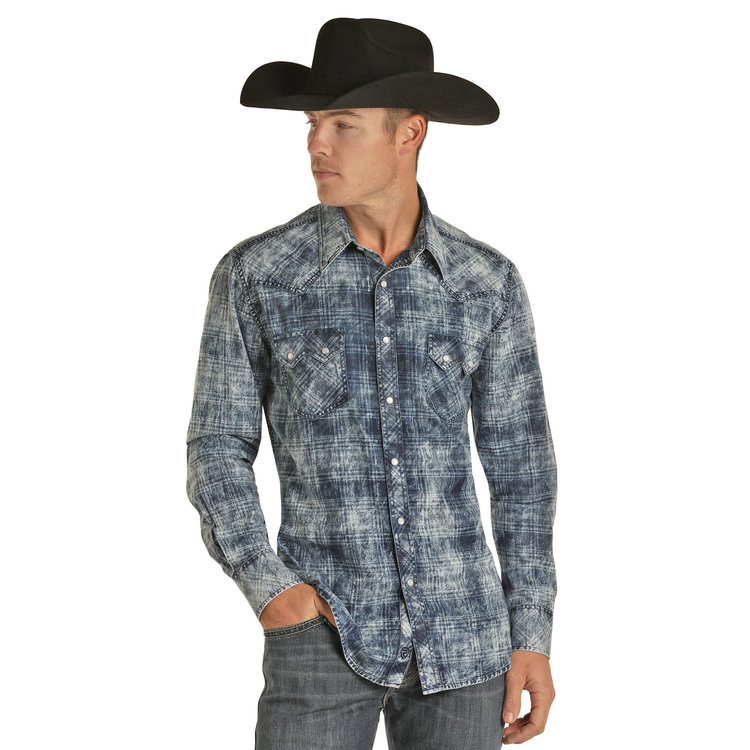 Rock and Roll Denim Denim Plaid Print Long Sleeve