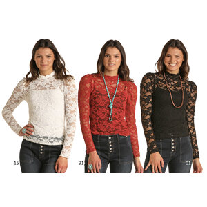 Rock and Roll Denim Lace Mock Neck Long Sleeve - R&RD